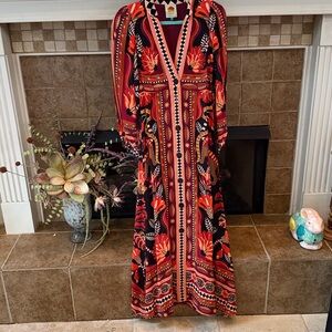 Farm Rio Red Nature Beauty Scarf Long Sleeve Maxi Dress